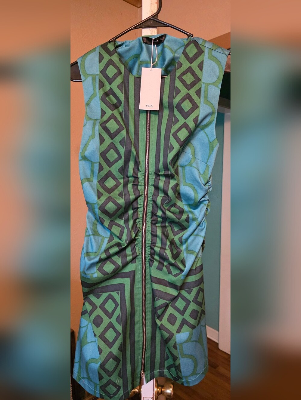 Mango Green and Teal Geometric Zip-Front Midi Dress